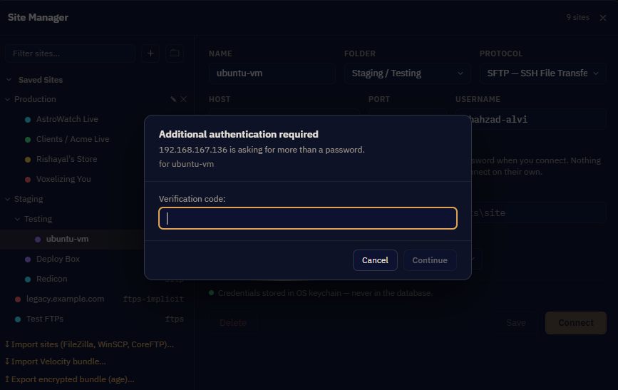 The Additional authentication required dialog, showing a question sent by the server and a field for the answer.