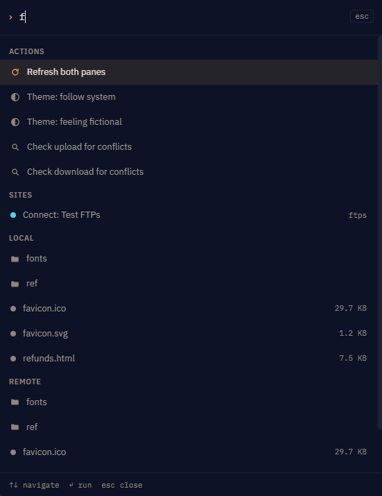 The command palette open with a partial query typed and matching actions and saved sites listed beneath it.