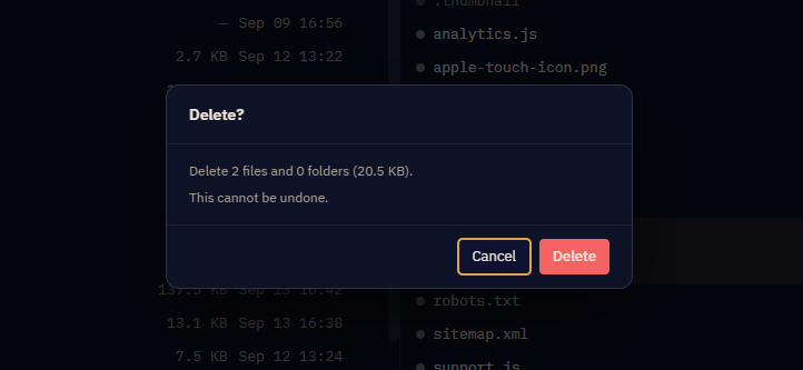 A delete confirmation dialog naming how many items will be removed and from which side.
