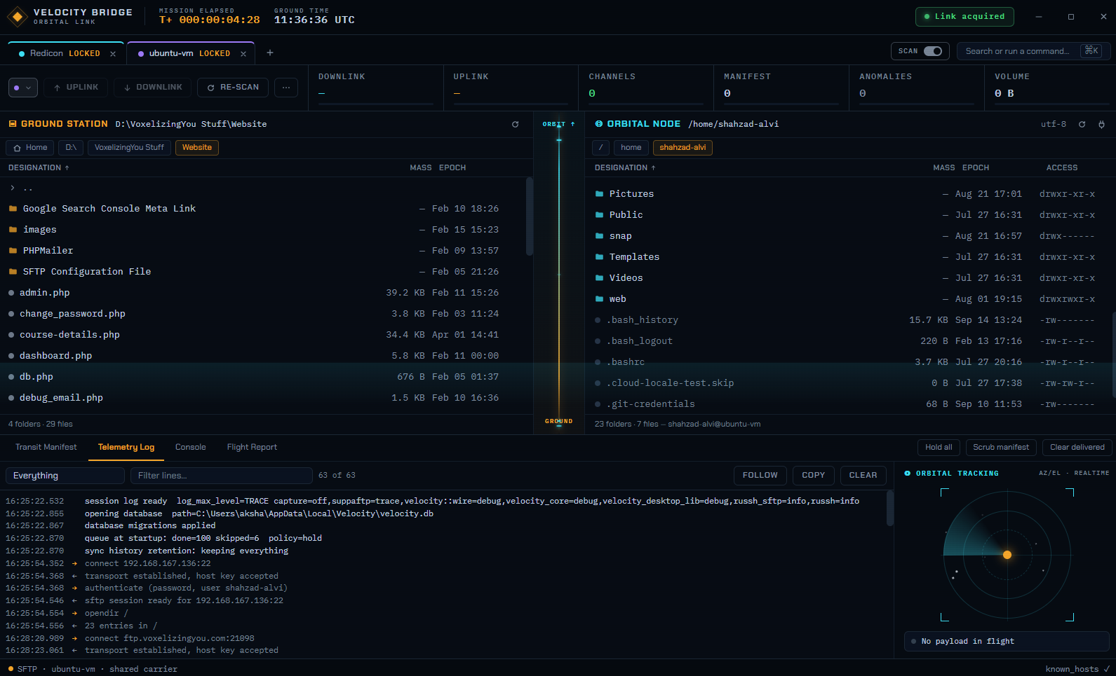 The whole Velocity Bridge window in the Orbital Link theme during a transfer: telemetry gauges along the bottom, the link corridor between the panes, and the circular orbital tracking scope.