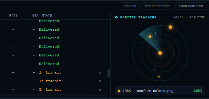 The circular orbital tracking scope showing dots on orbits for files in flight and a LOCK line naming the file currently transferring.