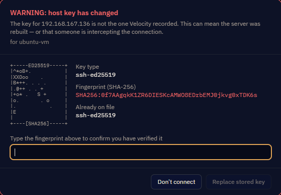 The WARNING host key has changed dialog, showing the new fingerprint alongside the one on file and a field requiring the new fingerprint to be typed out to proceed.