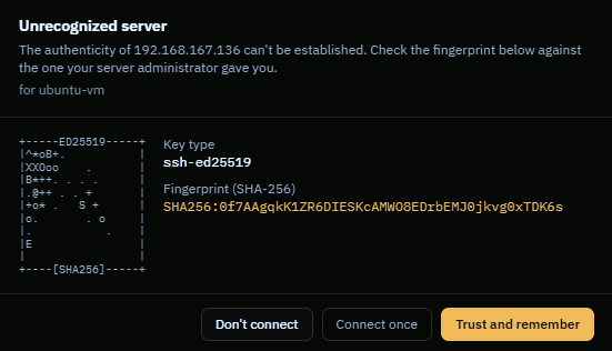 The Unrecognized server dialog showing the key type and SHA-256 fingerprint, with buttons to reject, connect once, or trust and remember.