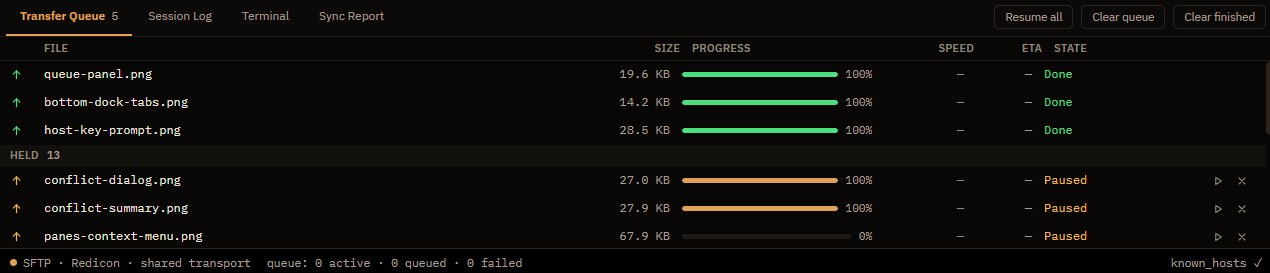 The transfer queue mid-run, with one file uploading and showing a progress bar and rate, several queued, one completed and one failed.