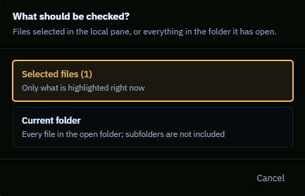 The What should be checked dialog, offering the current selection or the whole folder, with a note that subfolders are not included.