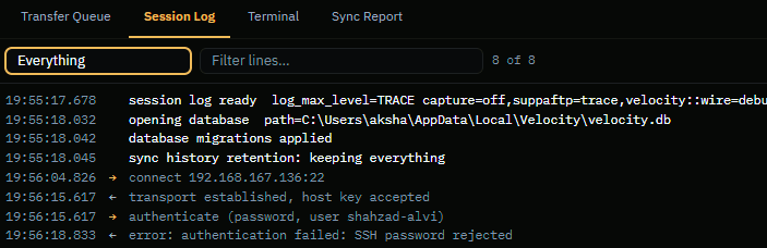 The Session Log panel showing the protocol conversation with a server that rejected the credentials, passwords already stripped from the output.