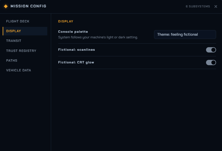 Settings, Appearance section, showing the theme picker including Orbital Link and the two toggles labelled Fictional: scanlines and Fictional: CRT glow.