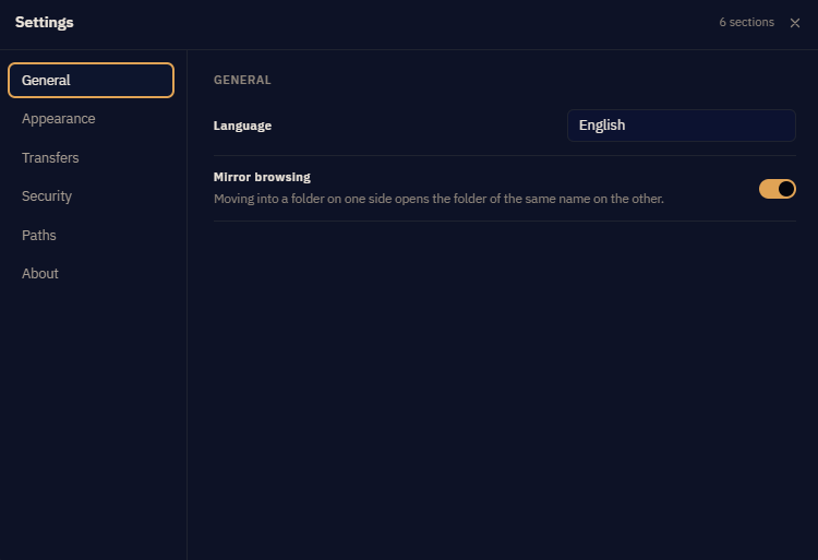 Settings, General section, showing language, startup behaviour and confirmation options.