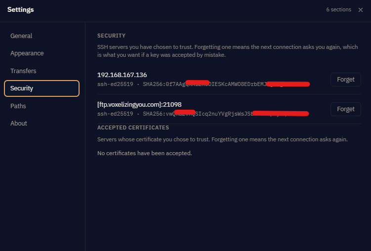 Settings, Security section, listing trusted SSH host keys and accepted TLS certificates with their fingerprints and acceptance dates, each with a revoke option.