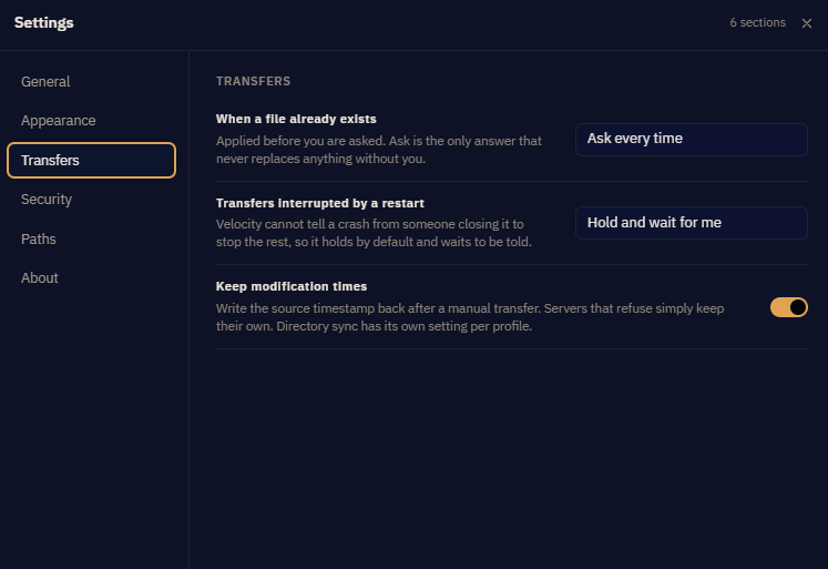 Settings, Transfers section, showing max concurrent transfers, retry attempts and delay, default conflict action, timestamp preservation, transfer mode and connection timeout.