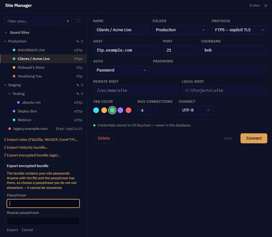 The site bundle export screen with an empty passphrase field and an option controlling whether saved passwords are included.
