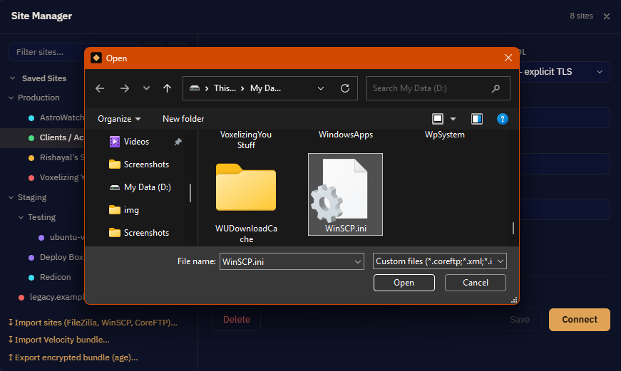 The import screen listing servers found in another FTP client's configuration, with checkboxes to choose which to bring across.