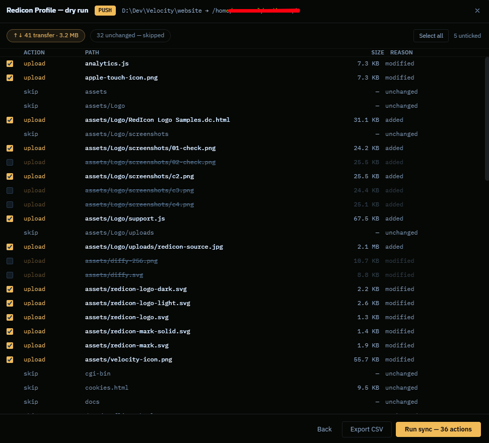 A sync dry run listing every planned upload, download and delete, with the deletions clearly marked, before anything has been executed.
