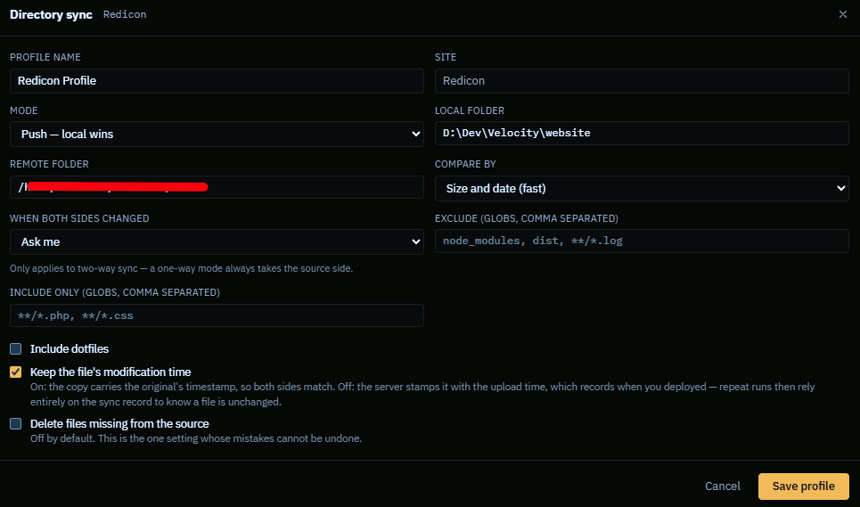 A sync profile being edited, showing the local folder, the remote folder, the direction and the deletion policy.