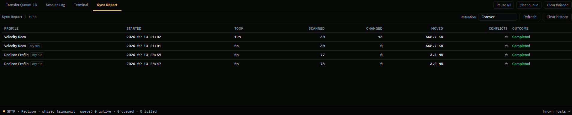 The Sync report panel after a completed run, listing what transferred, what was skipped and what failed.