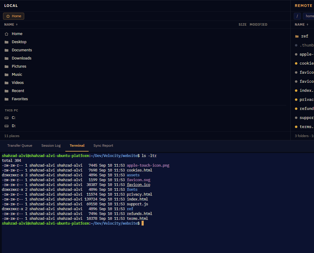 ls output in the terminal with filenames underlined as clickable links, because the remote pane is showing the same directory.
