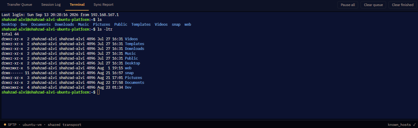 The terminal panel open beneath a connected SFTP session, showing a command and its output inside the app window.