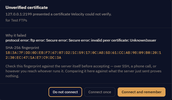 The Unverified certificate dialog showing the subject, issuer, validity dates and SHA-256 fingerprint of an FTPS server certificate.